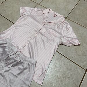 Victoria's Secret Silk Satin Pajama Set Lg Pink Silver Stripe
